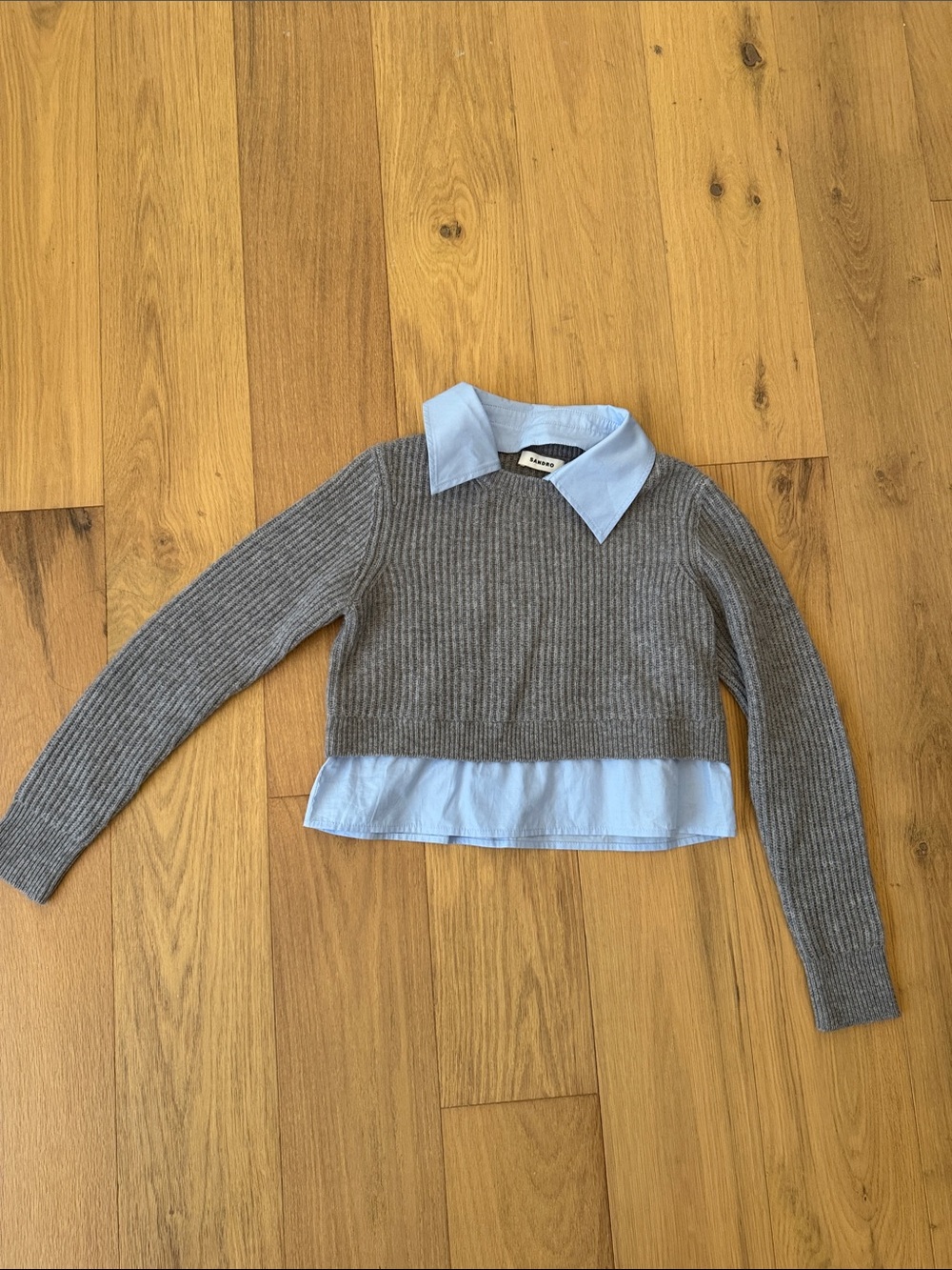 Sandro Gray Ribbed Knit Layered Top with Light Blue Shirt Collar
